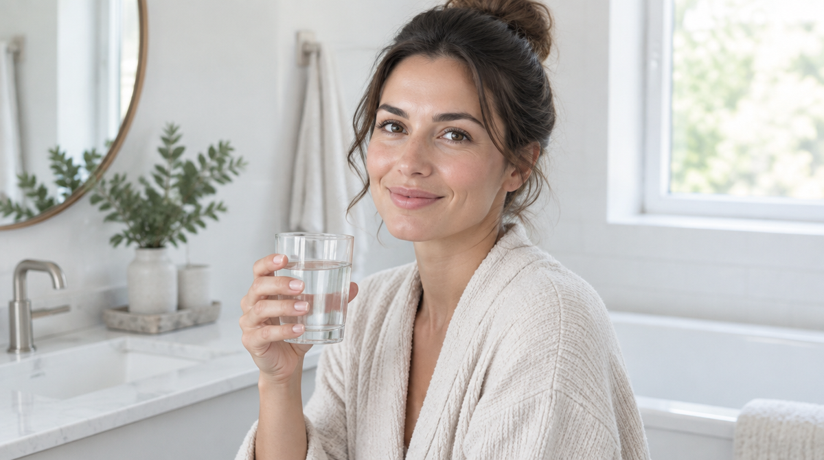 Woman holding a glass of water in a bright bathroom