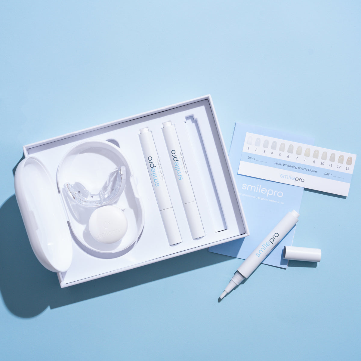 The Advanced Teeth Whitening Kit from the Ultimate Set, with the LED light and whitening pens labelled